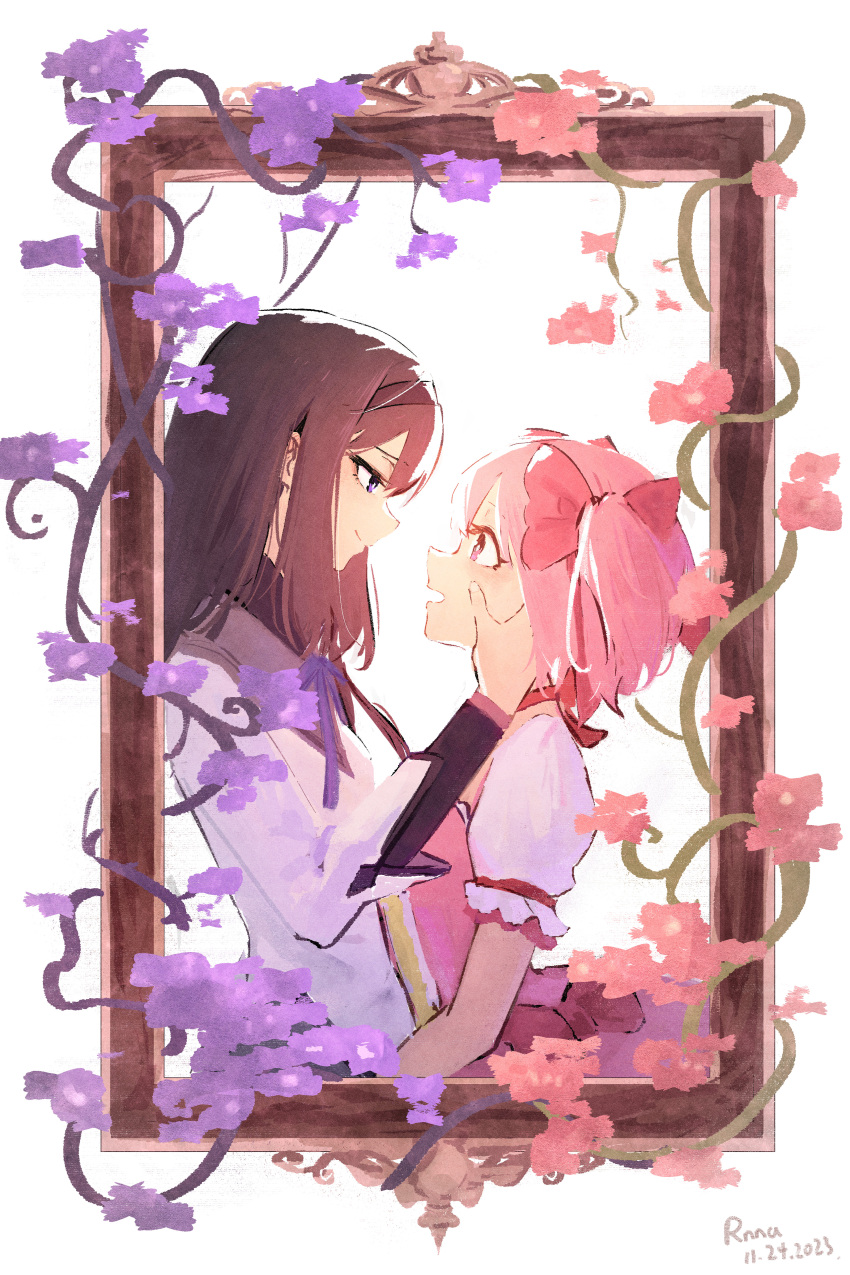 2girls absurdres akemi_homura black_hair bow dated english_commentary eye_contact flower from_side hair_bow hairband hand_on_another's_cheek hand_on_another's_face highres kaname_madoka long_sleeves looking_at_another magical_girl mahou_shoujo_madoka_magica multiple_girls open_mouth picture_frame pink_bow pink_eyes pink_hair plant profile puffy_short_sleeves puffy_sleeves rn9 short_sleeves signature smile twintails upper_body vines violet_eyes yuri