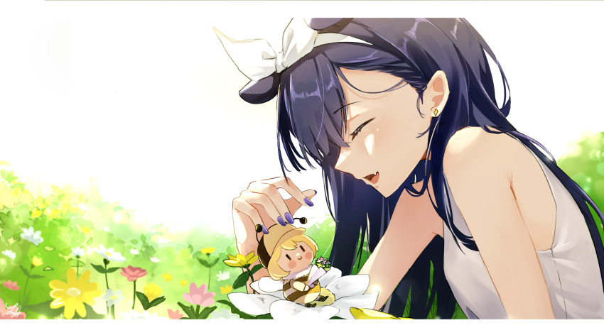 2girls absurdres arthropod_girl bare_shoulders bee_girl black_hair blonde_hair closed_eyes earrings facing_another fang field flower flower_field highres hololive hololive_english jewelry long_hair lucferz multiple_girls ninomae_ina'nis open_mouth purple_nails shirt skin_fang sleeveless sleeveless_shirt smile stud_earrings variant_set virtual_youtuber watson_amelia white_shirt
