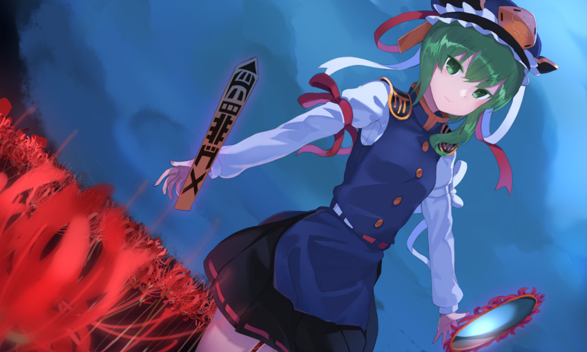 1girl black_skirt blue_vest breasts clouds cloudy_sky commentary_request dutch_angle field flower flower_field frilled_hat frills green_eyes green_hair hat medium_hair miniskirt mirror rod_of_remorse shiki_eiki skirt sky small_breasts smile solo spider_lily touhou usuaji vest