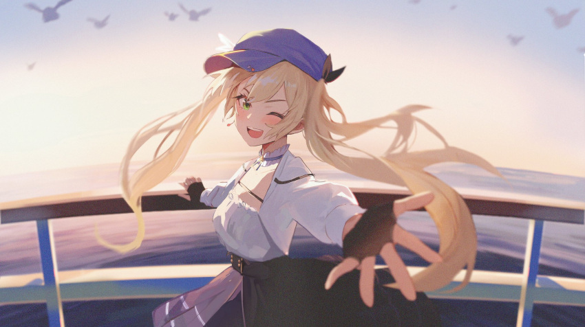 1girl bird blonde_hair blush dawn dokibird_(vtuber) dress english_commentary film_grain fingerless_gloves fireraccoon foreshortening from_side gloves green_eyes hair_between_eyes hand_on_railing highres indie_virtual_youtuber long_hair looking_at_viewer ocean one_eye_closed open_mouth reaching reaching_towards_viewer ship sky smile solo teeth upper_body upper_teeth_only virtual_youtuber watercraft