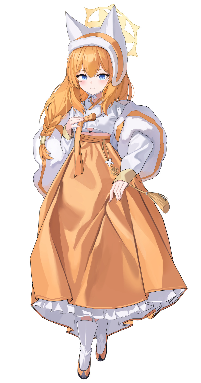 1girl absurdres alternate_costume animal_ear_headwear blue_archive blue_eyes blush chima_(clothes) closed_mouth fingernails full_body hair_between_eyes halo hanbok highres iv_(iv70311741) korean_clothes long_hair long_sleeves looking_at_viewer mari_(blue_archive) orange_hair simple_background smile socks solo white_background white_socks yellow_halo