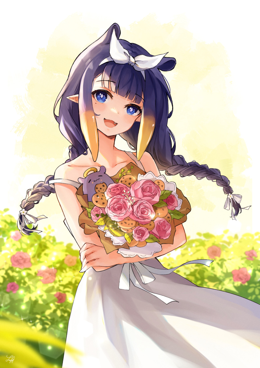 1girl absurdres alternate_costume bare_shoulders blue_eyes blue_hair blurry bouquet braid cowboy_shot depth_of_field dress english_commentary fang hair_ribbon highres holding holding_bouquet hololive hololive_english long_hair looking_at_viewer lucferz mole mole_under_eye ninomae_ina'nis open_mouth pointy_ears ribbon smile solo strap_slip sundress tentacle_hair twin_braids virtual_youtuber white_dress white_ribbon