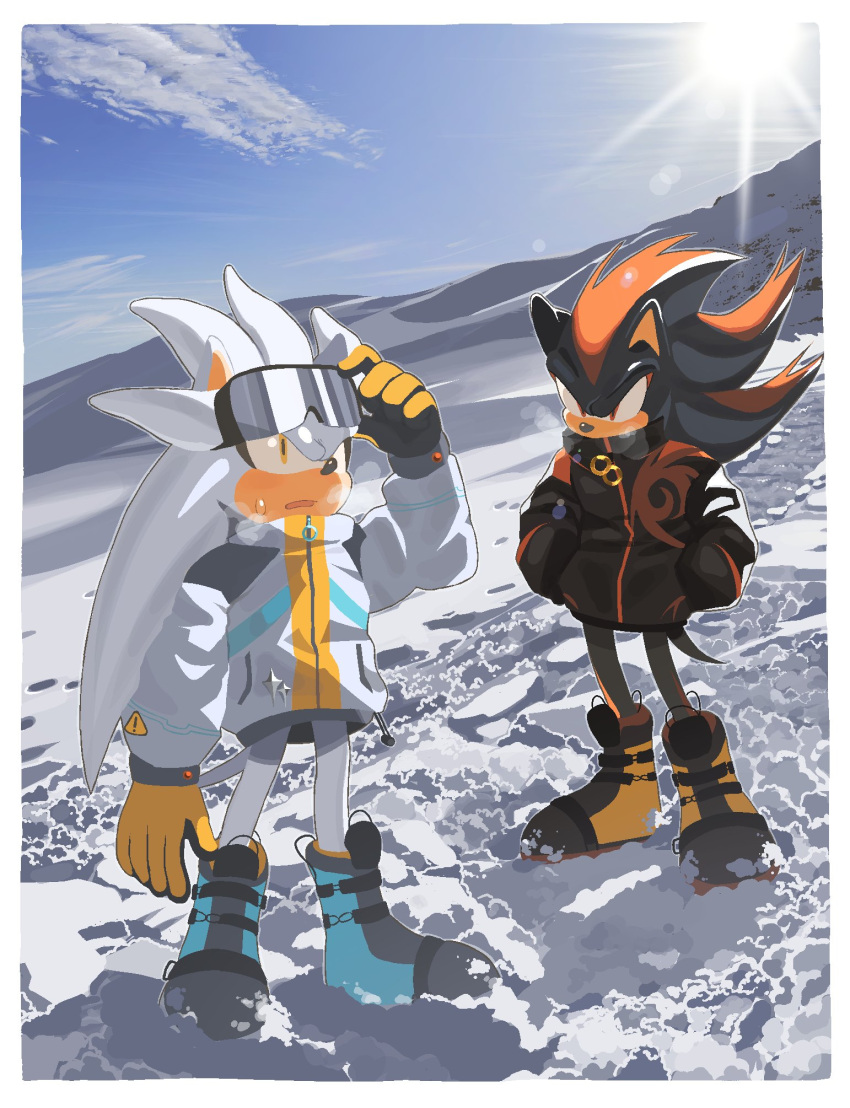2boys animal_ears animal_nose arm_up black_coat black_footwear black_fur black_gloves blue_footwear blue_sky boots border chzzei clouds cloudy_sky coat covered_mouth day english_commentary full_body furry furry_male gloves goggles goggles_on_head grey_footwear hands_in_pockets hedgehog hedgehog_ears hedgehog_tail highres long_sleeves looking_at_another looking_up male_focus mountain multiple_boys open_mouth orange_footwear orange_gloves outdoors puffy_long_sleeves puffy_sleeves red_eyes red_fur shadow_the_hedgehog silver_the_hedgehog sky snow sonic_(series) standing steam sun sweatdrop tail two-tone_footwear two-tone_fur two-tone_gloves white_border white_coat white_fur winter winter_clothes yellow_eyes zipper