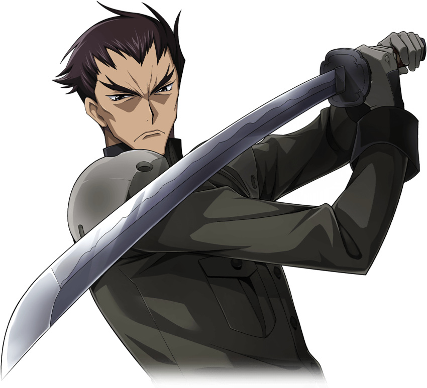 1boy armor arms_up artist_request brown_hair buttons closed_mouth code_geass code_geass:_lost_stories cropped_torso fighting_stance forehead forked_eyebrows furrowed_brow game_cg gloves green_jacket grey_eyes grey_gloves holding holding_sword holding_weapon jacket katana long_sleeves looking_at_viewer male_focus military_uniform non-web_source official_art pocket short_hair shoulder_armor simple_background solo standing sword toudou_kyoushirou transparent_background two-handed uniform upper_body v-shaped_eyebrows weapon