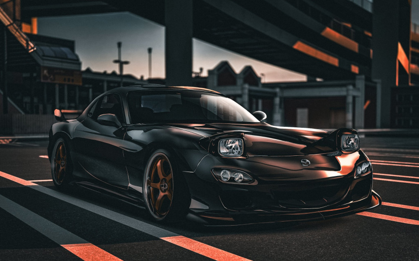 commission daikoku_parking_area highres mazda mazda_rx-7 mazda_rx-7_fd no_humans nougat_(73r1r1) original outdoors parking_lot shadow spoiler_(automobile) stance_(vehicle) vehicle_focus