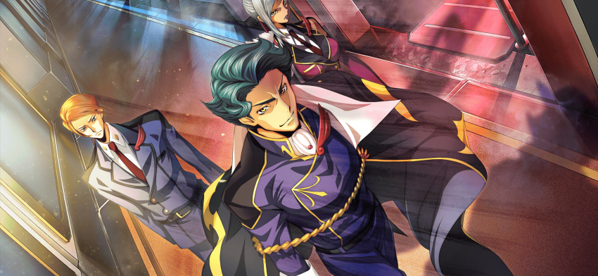 1girl 2boys arm_at_side artist_request ascot belt black_cape blonde_hair blue_eyes blue_hair blue_jacket blue_pants breasts buttons cape closed_mouth coat code_geass code_geass:_lost_stories collared_shirt cowboy_shot forehead from_above furrowed_brow game_cg gem gloves hallway happy highres indoors jacket jeremiah_gottwald kewell_soresi lapel_pin light_particles light_rays long_sleeves looking_at_viewer male_focus medium_breasts military_uniform multiple_boys necktie non-web_source official_art orange_eyes pants purple_coat purple_gemstone red_necktie shirt short_hair sidelocks sleeveless sleeveless_coat sleeveless_shirt smile solo_focus standing uniform v-shaped_eyebrows villetta_nu walking white_ascot white_gloves white_shirt window