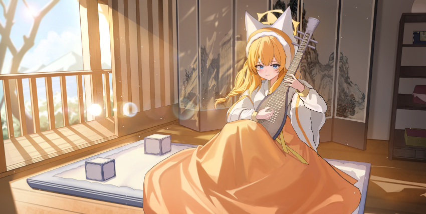 1girl absurdres alternate_costume animal_ear_fluff animal_ears blue_archive blue_eyes blush chima_(clothes) closed_mouth halo hanbok highres indoors instrument iv_(iv70311741) korean_clothes long_hair long_sleeves looking_at_viewer mari_(blue_archive) music orange_hair pipa_(instrument) playing_instrument smile solo wide_sleeves yellow_halo