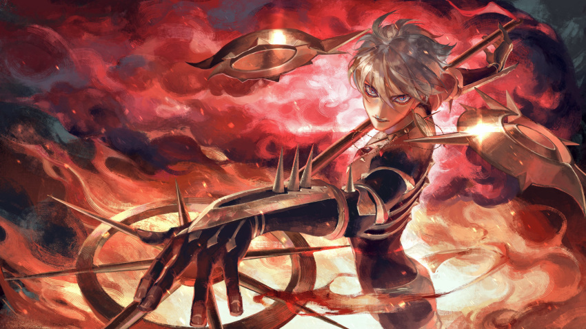 1boy absurdres armor bishounen blue_eyes commentary eyelashes fate/apocrypha fate/grand_order fate_(series) foreshortening hair_between_eyes highres holding holding_polearm holding_weapon karna_(fate) looking_at_viewer male_focus polearm sailin short_hair solo sparkle spear spiked_armor upper_body vasavi_shakti_(fate) weapon white_hair