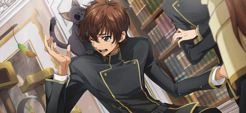 &gt;_&lt; 1girl 2boys animal animal_on_shoulder arthur_(code_geass) artist_request belt biting black_jacket book bookshelf brown_hair buttons cat cat_teaser cat_tower code_geass code_geass:_lost_stories day double-breasted dutch_angle game_cg green_eyes hand_up head_biting highres indoors jacket kururugi_suzaku layered_sleeves lelouch_vi_britannia long_sleeves male_focus multiple_boys non-web_source official_art one_eye_closed open_mouth school_uniform shirley_fenette short_hair sidelocks solo_focus sparkle sweat teeth upper_body wince