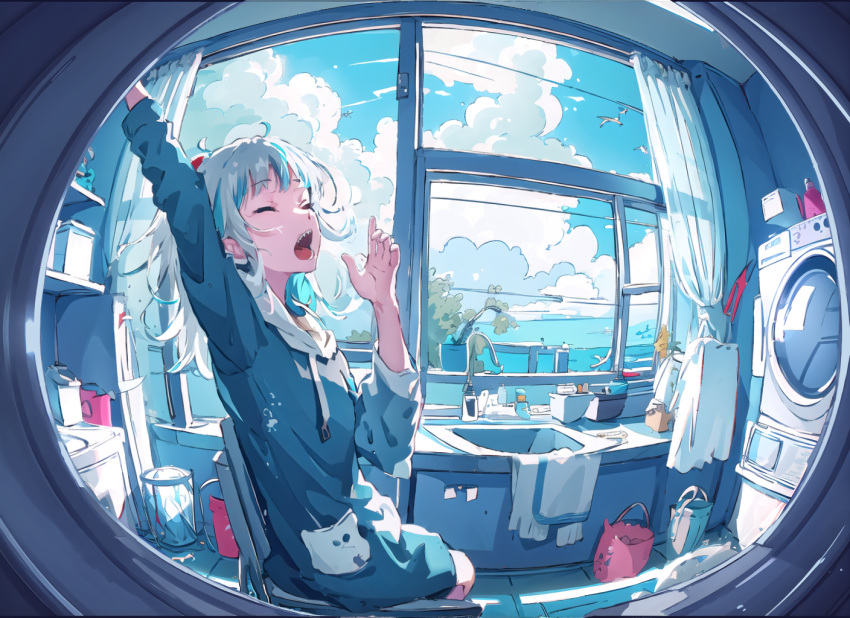 1girl ahoge ai-assisted arm_up b74 blue_hair blue_hoodie blue_sky bottle chair chinese_commentary closed_eyes clouds cloudy_sky commentary_request curtains day drawstring english_commentary fisheye gawr_gura hand_up hololive hololive_english hood hoodie indoors long_sleeves medium_hair messy_hair mixed-language_commentary multicolored_hair ocean open_mouth scenery shark_girl sharp_teeth shelf sink sitting sky solo streaked_hair stretching teeth towel trash_can two-tone_hair upper_teeth_only virtual_youtuber washing_machine water white_hair window yawning