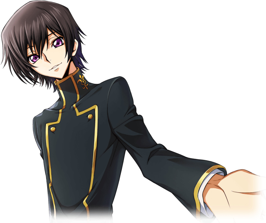 1boy artist_request black_hair black_jacket buttons code_geass code_geass:_lost_stories cropped_torso double-breasted dutch_angle game_cg gold_trim hair_between_eyes happy jacket layered_sleeves lelouch_vi_britannia long_sleeves looking_at_viewer male_focus non-web_source official_art parted_lips reaching reaching_towards_viewer school_uniform short_hair sidelocks simple_background smile solo standing teeth transparent_background upper_body violet_eyes