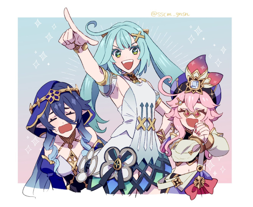 3girls blue_hair breasts closed_eyes cowlick dori_(genshin_impact) faruzan_(genshin_impact) genshin_impact green_eyes green_hair hat layla_(genshin_impact) long_hair looking_at_viewer multiple_girls open_mouth pince-nez pink_hair pointing pointy_ears small_breasts sosokusa tagme teeth twintails upper_teeth_only veil