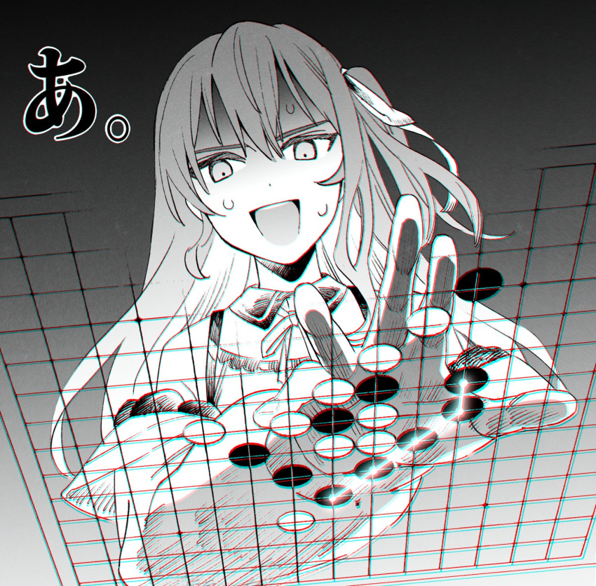 1girl a_(phrase) board_game collared_shirt commentary go_(board_game) greyscale hair_between_eyes hair_ribbon highres hololive hoshimachi_suisei hoshimachi_suisei_(streetwear) jacket long_hair monochrome neck_ribbon nervous_sweating off_shoulder official_alternate_costume open_clothes open_jacket open_mouth playing_games reaching ribbon shirt since2019 sleeveless sleeveless_shirt sweat teeth upper_teeth_only