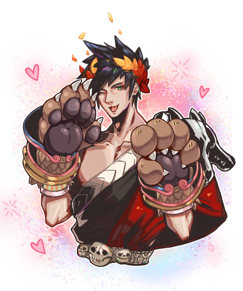 1boy animal_hands bare_pectorals belt black_hair claws collarbone cropped_torso fang green_eyes hades_(series) hades_1 heart highres laurel_crown looking_at_viewer male_focus moyun off_shoulder one_eye_closed open_mouth pectorals red_sash sash short_hair solo toned toned_male white_background zagreus_(hades)