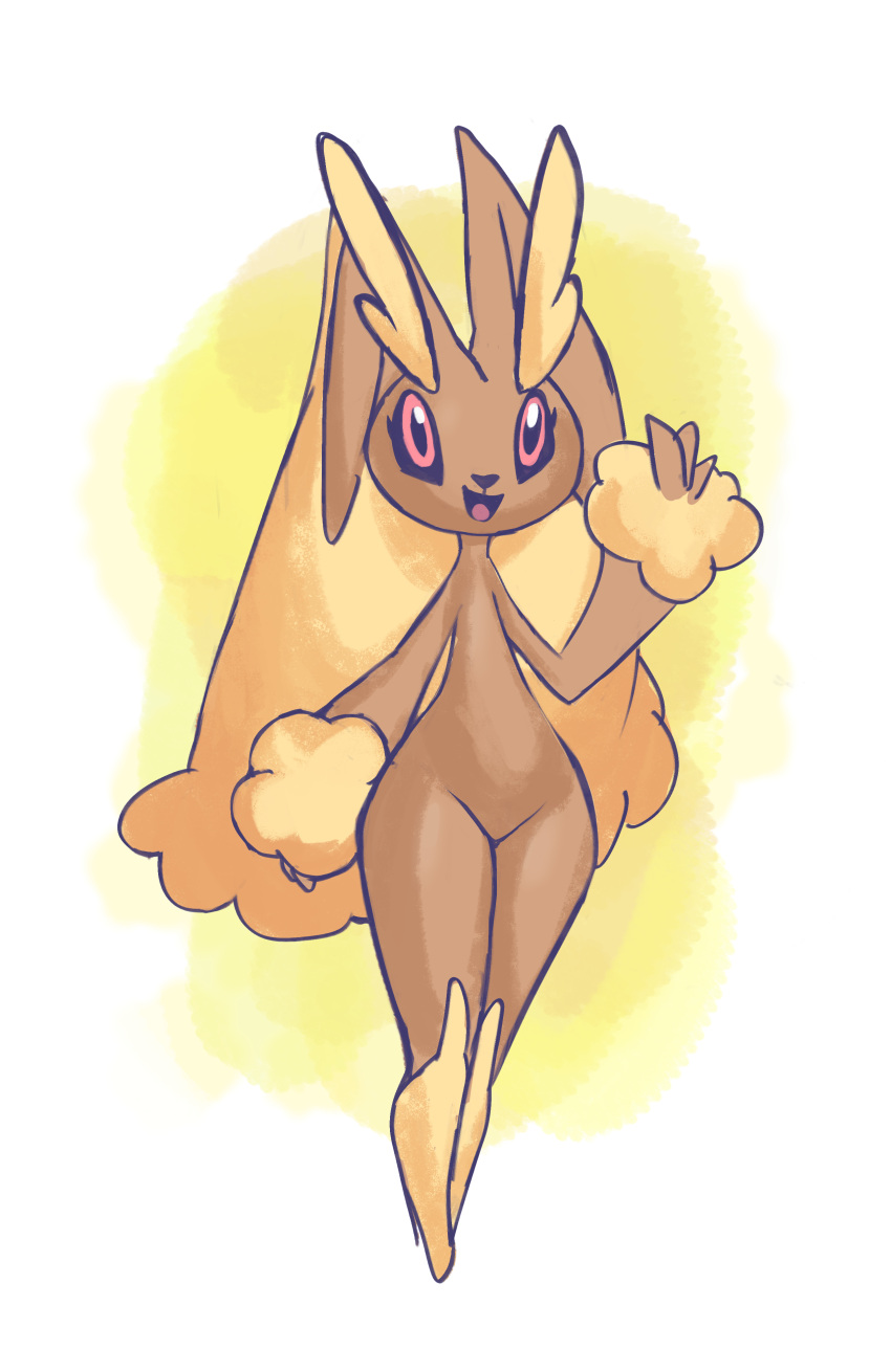 1girl absurdres animal_ears animal_nose arm_at_side brown_fur commentary english_commentary flat_chest full_body furry furry_female groin hand_up happy highres ivvvle legs legs_together looking_at_viewer lopunny open_mouth pink_eyes pointy_ears pokemon pokemon_(creature) rabbit_ears rabbit_girl smile solo standing thighs two-tone_fur waving yellow_background yellow_fur