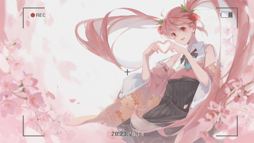 black_bow black_bowtie black_skirt blue_bow blue_bowtie bow bowtie cherry_blossoms cherry_hair_ornament collared_dress detached_sleeves dress floral_print food-themed_hair_ornament fruit_hair_ornament hair_ornament hatsune_miku heart heart_hands highres long_hair looking_at_viewer multicolored_bowtie open_mouth pink_eyes pink_hair pink_sleeves pleated_skirt recording sakura_miku sesshi skirt teeth twintails upper_teeth_only very_long_hair viewfinder vocaloid