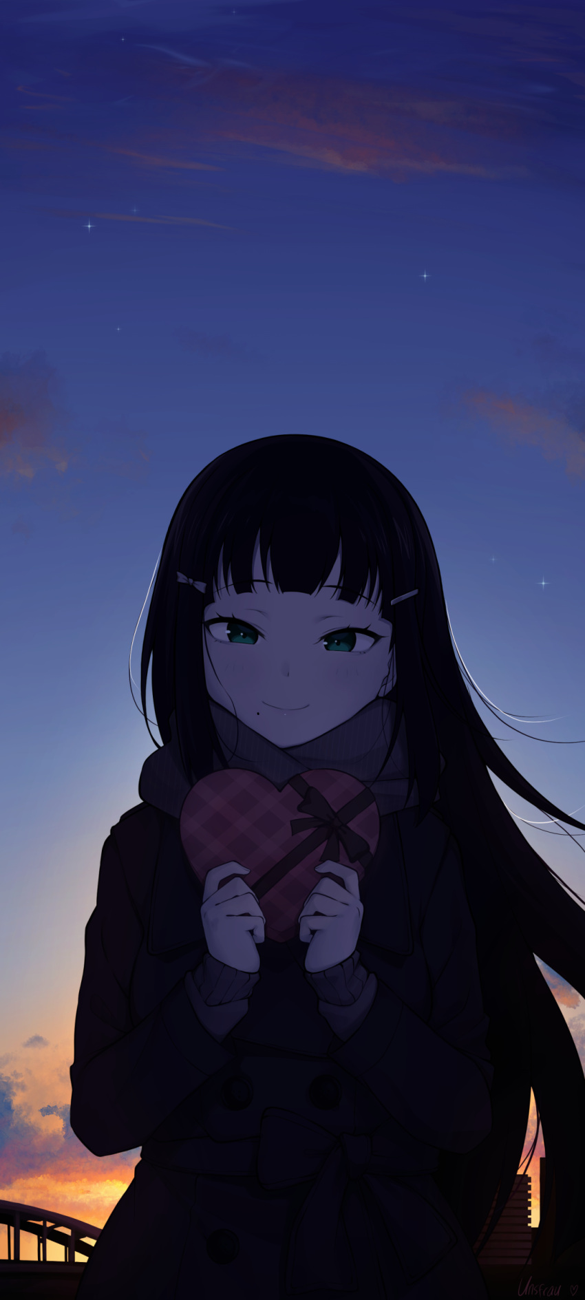 1girl absurdres aqua_eyes backlighting black_hair blunt_bangs blush bow box closed_mouth clouds coat evening gift gradient_sky hair_ornament hairclip heart heart-shaped_box highres holding holding_box holding_gift horizon kurosawa_dia long_hair long_sleeves looking_at_viewer love_live! love_live!_sunshine!! mole mole_under_mouth outdoors ribbon scarf scenery sky smile solo star_(sky) sunset tie_clip unsfrau valentine