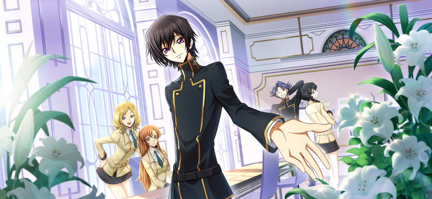 2boys 3girls arm_behind_head arm_up artist_request belt black_hair black_jacket black_skirt blonde_hair blue_eyes blue_hair blurry blurry_foreground braid breasts buttons chair closed_mouth code_geass code_geass:_lost_stories collared_shirt day double-breasted dutch_angle flower game_cg glasses gold_trim green_necktie grin hair_between_eyes hair_flaps hair_intakes hand_on_own_hip hand_up happy highres indoors jacket kneehighs layered_sleeves leaning_forward lelouch_vi_britannia light_rays lily_(flower) long_hair long_sleeves looking_at_viewer looking_back male_focus medium_breasts milly_ashford miniskirt multiple_boys multiple_girls necktie nina_einstein non-web_source official_art one_eye_closed open_mouth orange_hair parted_bangs parted_lips reaching reaching_towards_viewer rivalz_cardemonde round_eyewear school_uniform shirley_fenette shirt short_hair sidelocks sitting skirt smile socks solo_focus sparkle standing table teeth twin_braids upper_body violet_eyes white_shirt white_socks window yellow_eyes yellow_jacket
