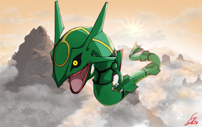 above_clouds animal_focus backlighting black_sclera claws clouds colored_sclera commentary_request dragon eastern_dragon floating full_body mountain no_humans numeito open_mouth orange_sky outdoors pokemon pokemon_(creature) rayquaza sky solo sunlight sunrise yellow_eyes