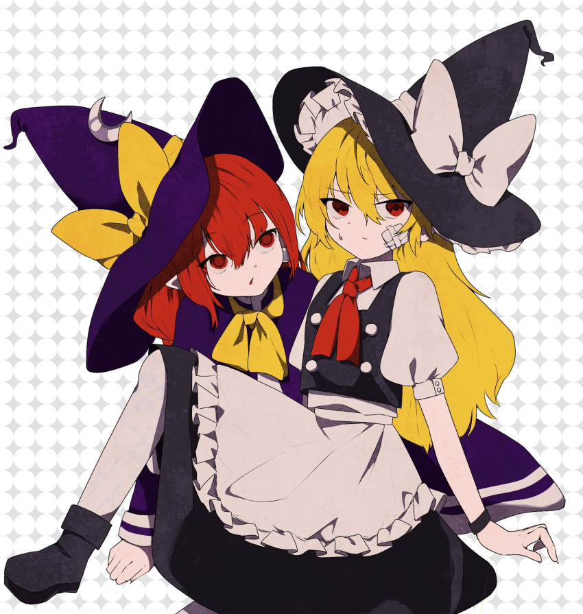 2girls apron black_footwear black_headwear black_skirt black_vest blonde_hair bow bowtie buttons closed_mouth crescent crescent_hat_ornament double-breasted dress dual_persona frilled_apron frilled_hat frills gauze_on_cheek hat hat_bow hat_ornament highres kimi_ni_kimeta_(kub153808) kirisame_marisa kirisame_marisa_(pc-98) knee_up long_hair long_sleeves looking_at_viewer multiple_girls neck_ribbon pointy_ears puffy_short_sleeves puffy_sleeves purple_dress purple_headwear red_eyes red_ribbon redhead ribbon shoes short_sleeves sitting skirt touhou touhou_(pc-98) vest waist_apron white_apron white_bow witch witch_hat yellow_bow yellow_bowtie