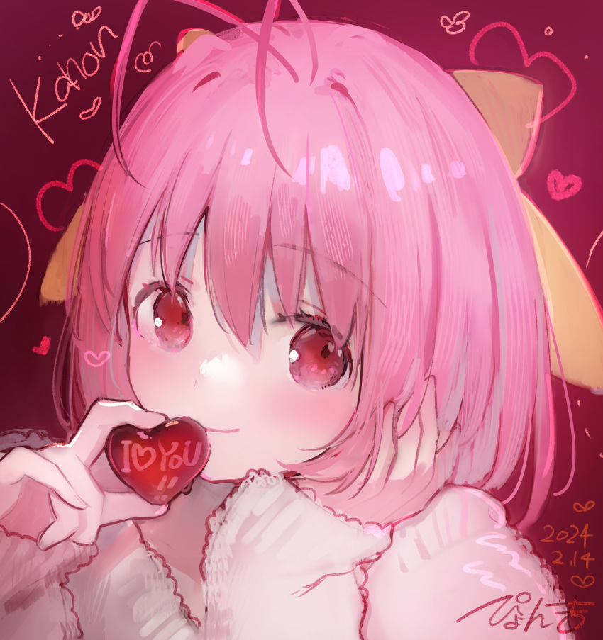1girl antenna_hair blush bow candy chocolate food hair_bow hand_on_own_face happy_valentine heart heart-shaped_chocolate highres holding holding_chocolate holding_food kami_nomi_zo_shiru_sekai nakagawa_kanon pink_eyes pink_hair pyon-kichi short_hair smile solo sweater upper_body valentine