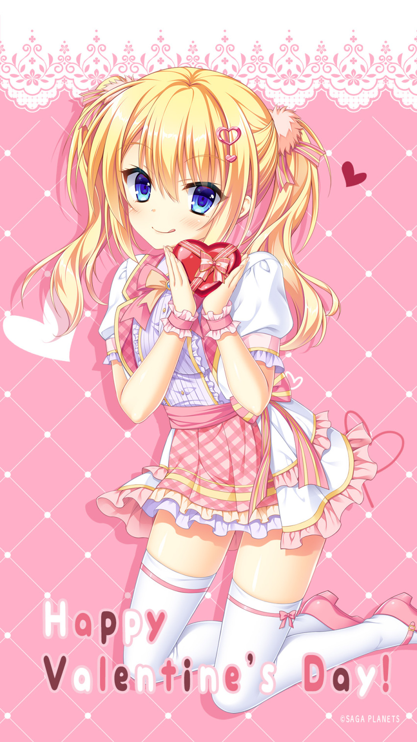 1girl :q blonde_hair blue_eyes blush bow box center_frills closed_mouth company_name eyes_visible_through_hair foot_out_of_frame frilled_skirt frilled_sleeves frilled_wrist_cuffs frills gift hair_between_eyes hair_ornament hands_up happy_valentine heart heart-shaped_box heart_hair_ornament highres holding holding_gift kin-iro_loveriche kisaki_reina kneeling long_hair looking_at_viewer mary_janes official_art official_wallpaper orange_bow pink_background pink_footwear pink_skirt pink_wrist_cuffs plaid plaid_skirt pom_pom_(clothes) pom_pom_hair_ornament puffy_short_sleeves puffy_sleeves red_bow shirt shoes short_sleeves simple_background skirt smile solo thigh-highs tongue tongue_out toranosuke twintails two-tone_skirt valentine wavy_hair white_shirt white_skirt white_thighhighs wrist_cuffs zettai_ryouiki