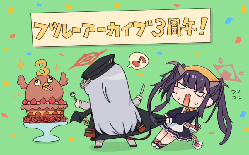2girls apron black_dress black_hair black_tail black_wings blue_archive blush_stickers demon_horns demon_tail demon_wings dress eighth_note fake_wings flying_sweatdrops fork fuuka_(blue_archive) grey_hair grey_horns halo haruna_(blue_archive) head_scarf hei_(heiyohei) holding holding_fork holding_knife horns knife long_hair long_sleeves multiple_girls musical_note open_mouth orange_headwear peroro_(blue_archive) red_halo single_wing spoken_musical_note tail twintails white_apron wings