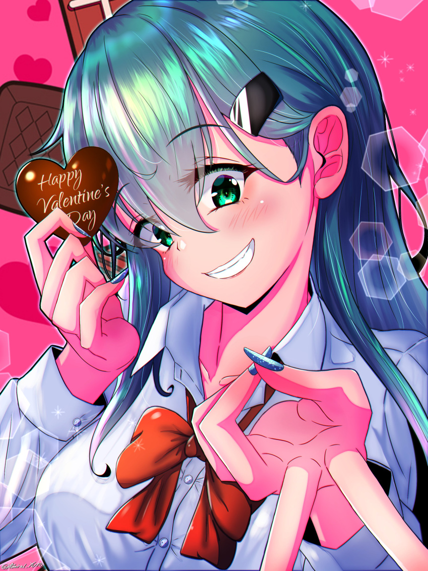 1girl absurdres aqua_hair bow bowtie candy chocolate collared_shirt dress_shirt food green_eyes grin gyaru_v hair_ornament hairclip happy_valentine heart heart-shaped_chocolate highres kantai_collection lens_flare pink_background red_bow red_bowtie shirt smile solo suzuya_(kancolle) upper_body v white_shirt yoko_hata