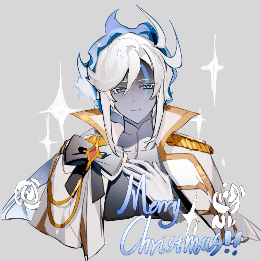 1boy absurdres black_bow blue_eyes blue_hair blue_skin bow cape closed_mouth colored_skin cookie_run gloves gradient_skin grey_background hand_on_own_chest highres humanization medium_hair merry_christmas multicolored_hair official_alternate_costume senlly_2507 simple_background smile solo stardust_cookie turtleneck two-tone_hair upper_body white_cape white_eyeliner white_gloves white_hair
