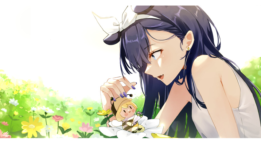 2girls absurdres arthropod_girl bare_shoulders bee_girl black_hair blonde_hair earrings fang field flower flower_field highres hololive hololive_english jewelry long_hair looking_at_another lucferz multiple_girls ninomae_ina'nis open_mouth purple_nails shirt skin_fang sleeveless sleeveless_shirt smile stud_earrings variant_set virtual_youtuber watson_amelia white_shirt