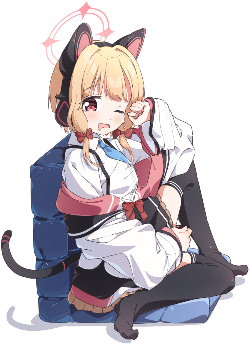 1girl animal_ear_headphones animal_ears black_skirt black_thighhighs blonde_hair blue_archive blush bow cat_tail drooling fake_animal_ears full_body hair_bow headphones highres momoi_(blue_archive) mouth_drool one_eye_closed open_mouth pleated_skirt red_bow red_eyes short_hair simple_background skirt solo tail thigh-highs white_background yairo_ju
