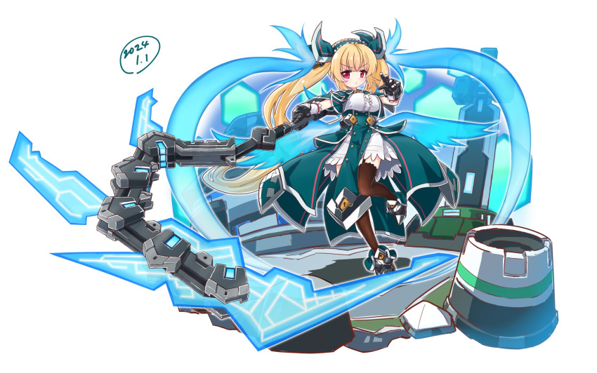 black_gloves blonde_hair blunt_bangs breasts cosmic_break feuille_vert full_body gloves heirou_enterprise highres holding holding_sickle holding_weapon keyhole lolita_fashion long_hair looking_at_viewer medium_breasts red_eyes sidelocks sword thigh-highs twintails very_long_hair weapon