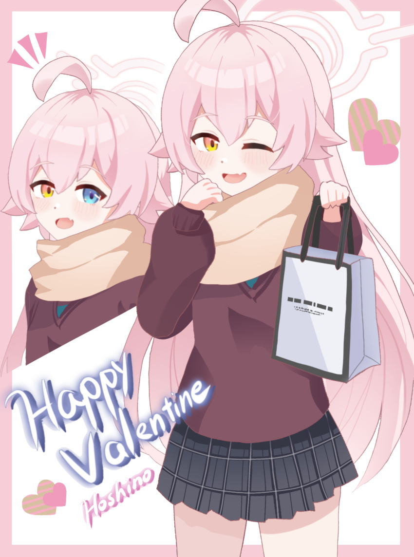 1girl absurdres ahoge bag blue_archive blue_eyes blush brown_scarf brown_sweater commentary english_text halo happy_valentine heart heterochromia highres homulily hoshino_(blue_archive) long_hair long_sleeves looking_at_viewer multiple_views notice_lines one_eye_closed open_mouth pink_hair pink_halo plaid plaid_skirt scarf school_uniform shopping_bag skirt smile standing sweater two-tone_background valentine yellow_eyes
