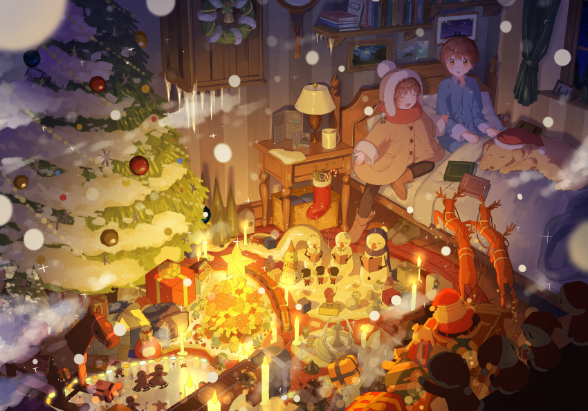1boy 1girl absurdres animal bed bedroom bell blanket blush book boots box brown_eyes brown_hair cabinet candle candy candy_cane child christmas christmas_ornaments christmas_star christmas_stocking christmas_tree christmas_wreath closed_eyes coat cup curtains dog fire food fountain gift gift_box glowing hat highres icicle indoors lamp long_sleeves mkt_ocha mug on_bed open_mouth original pajamas pantyhose picture_frame pom_pom_(clothes) pouch reindeer rocking_horse santa_claus santa_hat scarf shelf short_hair smile snow_globe snowman star_(symbol) toy window wreath