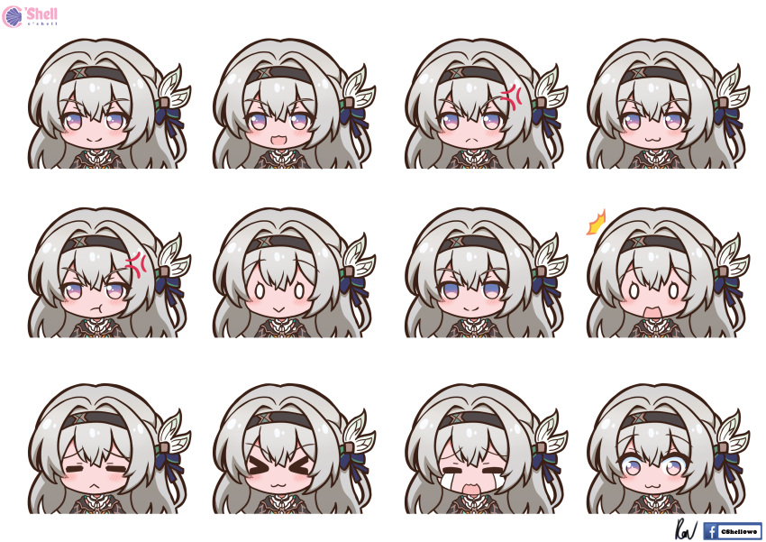 &gt;_&lt; 0_0 1girl :&gt; :&lt; :3 :d :t absurdres black_hairband blue_ribbon blush bow closed_mouth cropped_torso crying expressions facebook_username firefly_(honkai:_star_rail) frown furrowed_brow gradient_eyes grey_hair hair_between_eyes hair_bow hair_intakes hair_ribbon hairband highres honkai:_star_rail honkai_(series) long_hair looking_at_viewer multicolored_eyes multiple_views open_mouth pink_eyes pout ribbon ron_(hengyep) sidelocks signature simple_background smile streaming_tears tears v-shaped_eyebrows violet_eyes watermark white_background white_bow