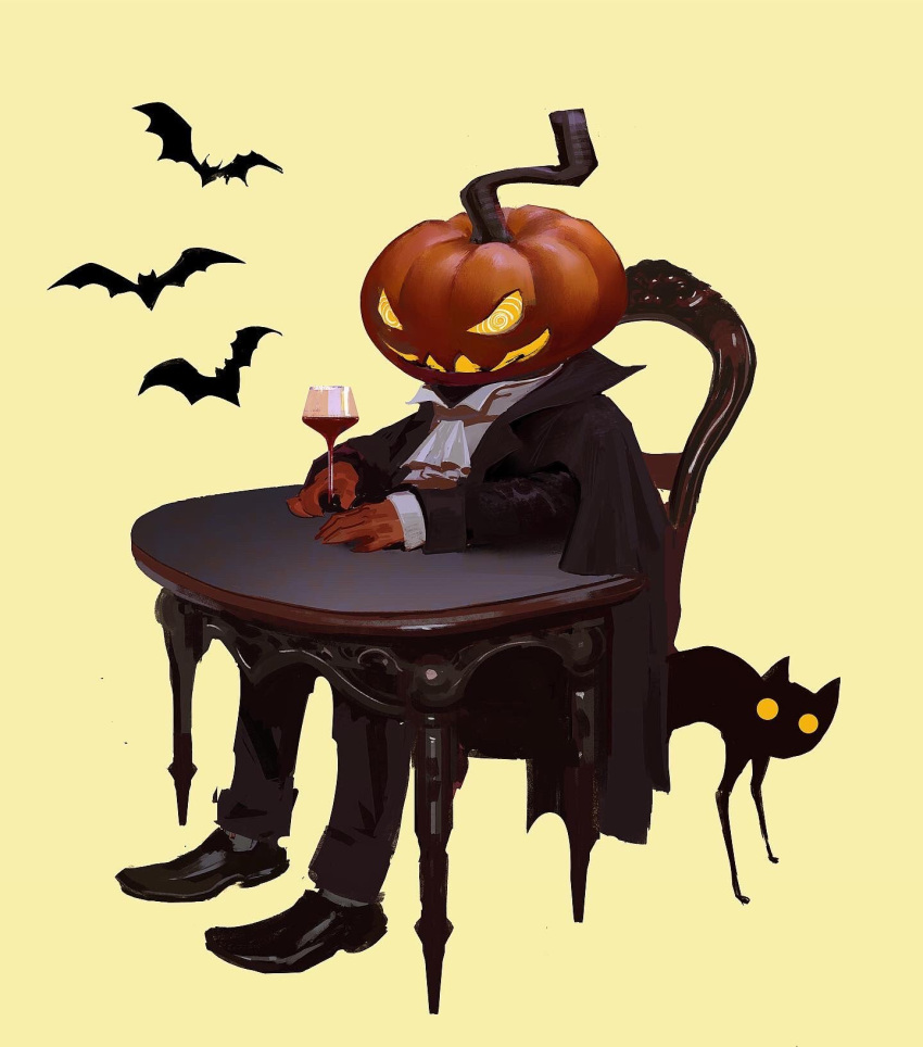 1other alcohol animal ascot bat_(animal) black_cape black_cat black_cloak black_coat black_footwear black_jacket black_pants cape cat chair cloak coat colored_sclera commentary cup drinking_glass english_commentary faux_traditional_media full_body glowing halloween halloween_costume highres holding holding_cup jack-o'-lantern jacket long_sleeves looking_at_viewer no_humans on_chair original pants pumpkin shirt shoes simple_background sitting slit_pupils solo table white_ascot white_shirt wine wine_glass yellow_background yellow_eyes yellow_sclera yuming_li