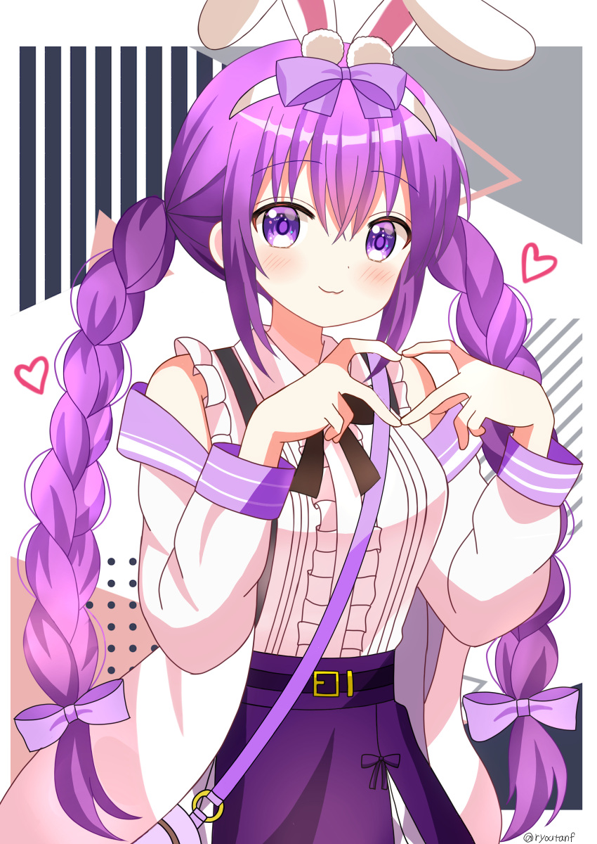 1girl absurdres animal_ear_fluff animal_ears bag black_bow blush bow braid breasts center_frills closed_mouth collared_shirt commentary_request fake_animal_ears frilled_shirt frills gochuumon_wa_usagi_desu_ka? hair_bow hairband hands_up heart heart_hands highres jacket long_sleeves medium_breasts off_shoulder open_clothes open_jacket polka_dot polka_dot_background puffy_long_sleeves puffy_sleeves purple_bow purple_hair purple_skirt rabbit_ears ryoutan shirt shoulder_bag sidelocks skirt sleeveless sleeveless_shirt smile solo striped_background tedeza_rize twin_braids twintails violet_eyes white_background white_hairband white_jacket white_shirt
