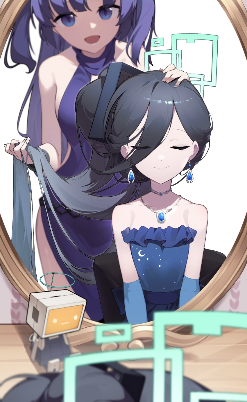 &lt;key&gt;_(robot)_(blue_archive) 2girls absurdly_long_hair absurdres aris_(blue_archive) black_hair blue_archive blue_eyes choker closed_eyes earrings hair_between_eyes hand_on_another's_head highres holding holding_hair jewelry long_bangs long_hair mirror_image multiple_girls n_sol necklace purple_hair very_long_hair yuuka_(blue_archive)