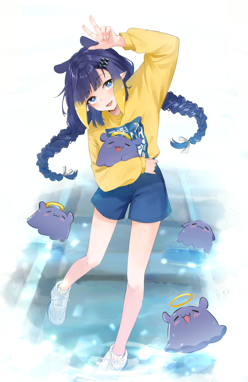 1girl absurdres alternate_costume animal_hug arm_up blue_eyes blue_hair blue_shorts braid casual english_commentary full_body highres hololive hololive_english long_hair long_sleeves looking_at_viewer looking_up lucferz ninomae_ina'nis open_mouth pointy_ears shirt shoes shorts smile solo standing standing_on_one_leg takodachi_(ninomae_ina'nis) tentacle_hair twin_braids virtual_youtuber w white_footwear yellow_shirt