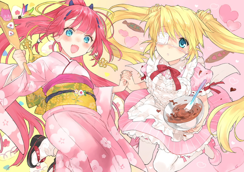 2girls :d alternate_costume apron aqua_eyes blonde_hair blunt_bangs blush braid cherry_blossom_print chocolate company_connection crossover dress enmaided expressionless eyelashes eyepatch fang feet_out_of_frame floating_hair floral_print frilled_apron frilled_sleeves frills hair_between_eyes hair_ornament hairclip hairstyle_connection hand_up happy highres holding holding_cooking_pot holding_hands holding_racket interlocked_fingers japanese_clothes kamiyama_shiki key_(company) kimono long_hair long_sleeves looking_at_viewer maid maid_apron mary_janes medical_eyepatch midair multiple_girls nakatsu_shizuru okobo one_eye_covered open_mouth parted_lips pink_dress pink_footwear pink_kimono pinstripe_dress pinstripe_pattern ponytail puffy_short_sleeves puffy_sleeves racket red_ribbon redhead rewrite ribbon ribbon-trimmed_sleeves ribbon_trim sandals sash shoes short_sleeves smile straight_hair summer_pockets tabi tassel tassel_hair_ornament third-party_source toujou_sakana twin_braids twintails very_long_hair white_apron wide_sleeves yellow_sash