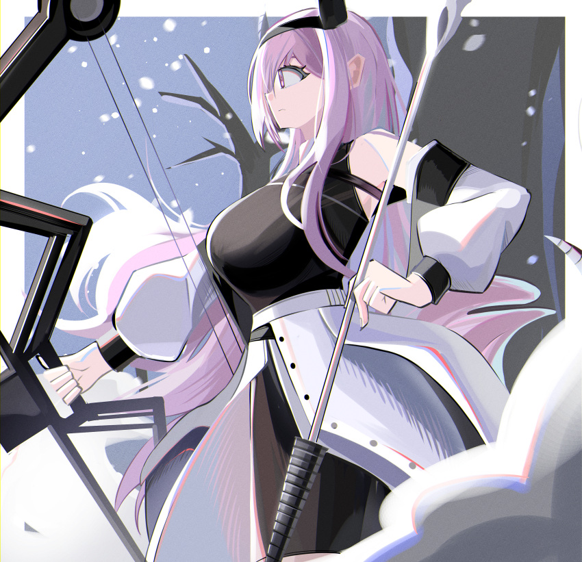 1girl absurdres arknights arrow_(projectile) black_hairband black_pantyhose black_shirt bow_(weapon) breasts closed_mouth compound_bow hair_between_eyes hairband highres holding holding_arrow holding_bow_(weapon) holding_weapon horns long_hair medium_breasts pantyhose pink_hair profile shirt skirt sleeveless sleeveless_shirt solo spam_(spamham4506) standing typhon_(arknights) very_long_hair violet_eyes weapon white_skirt