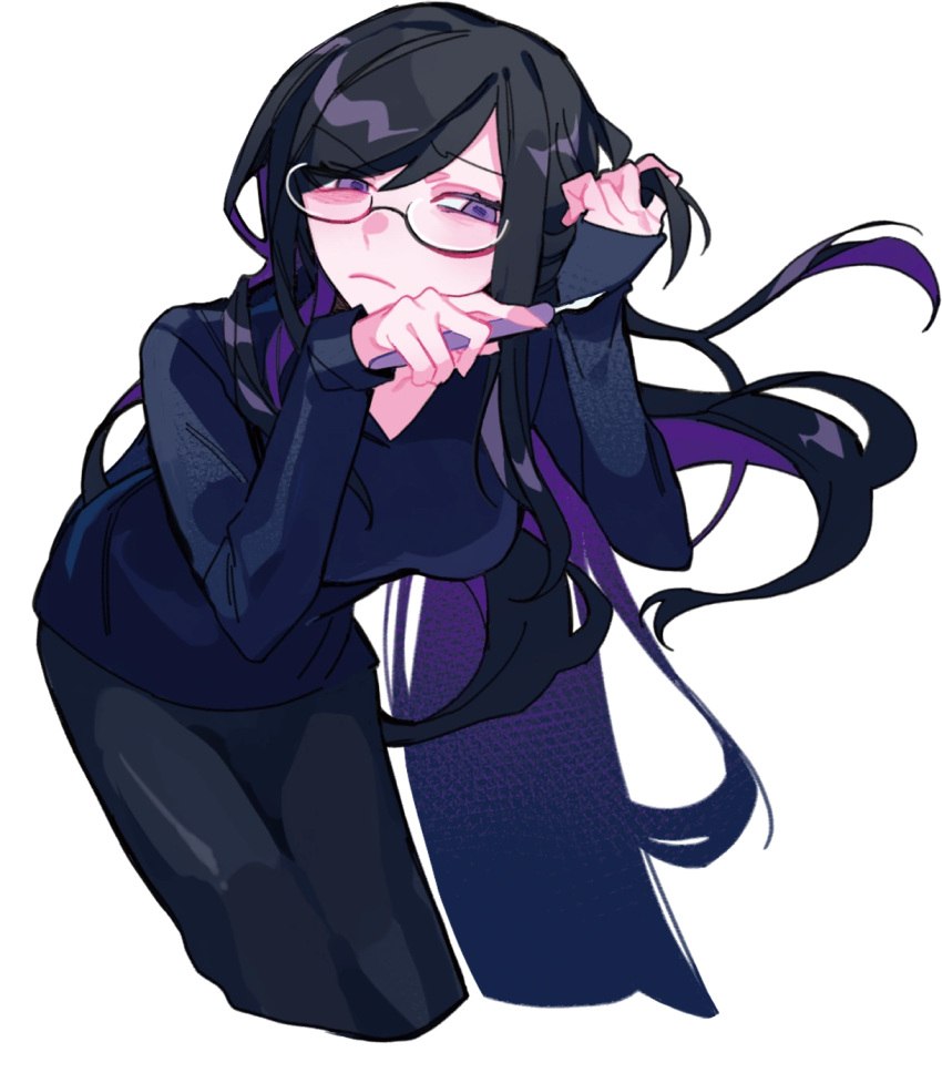 black-framed_eyewear black_hair black_pants black_shirt closed_mouth colored_inner_hair glasses hand_in_own_hair highres himanemuitoma holding holding_knife jinsei_owatarou knife long_hair long_sleeves looking_to_the_side multicolored_hair pants purple_hair shirt sleeves_past_wrists swept_bangs unproductive_life_plan_(vocaloid) v-neck violet_eyes vocaloid