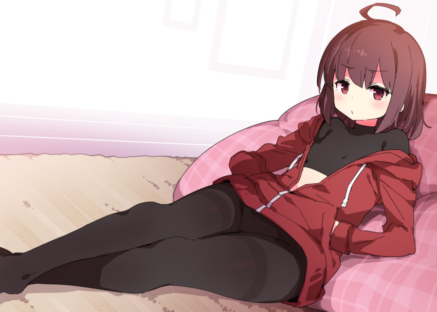 1girl ahoge bean_bag_chair blush brown_hair carpet crossed_legs frown hands_in_pockets jacket linne looking_at_viewer lying off_shoulder on_back pantyhose petenshi_(dr._vermilion) red_eyes short_hair solo thighband_pantyhose under_night_in-birth