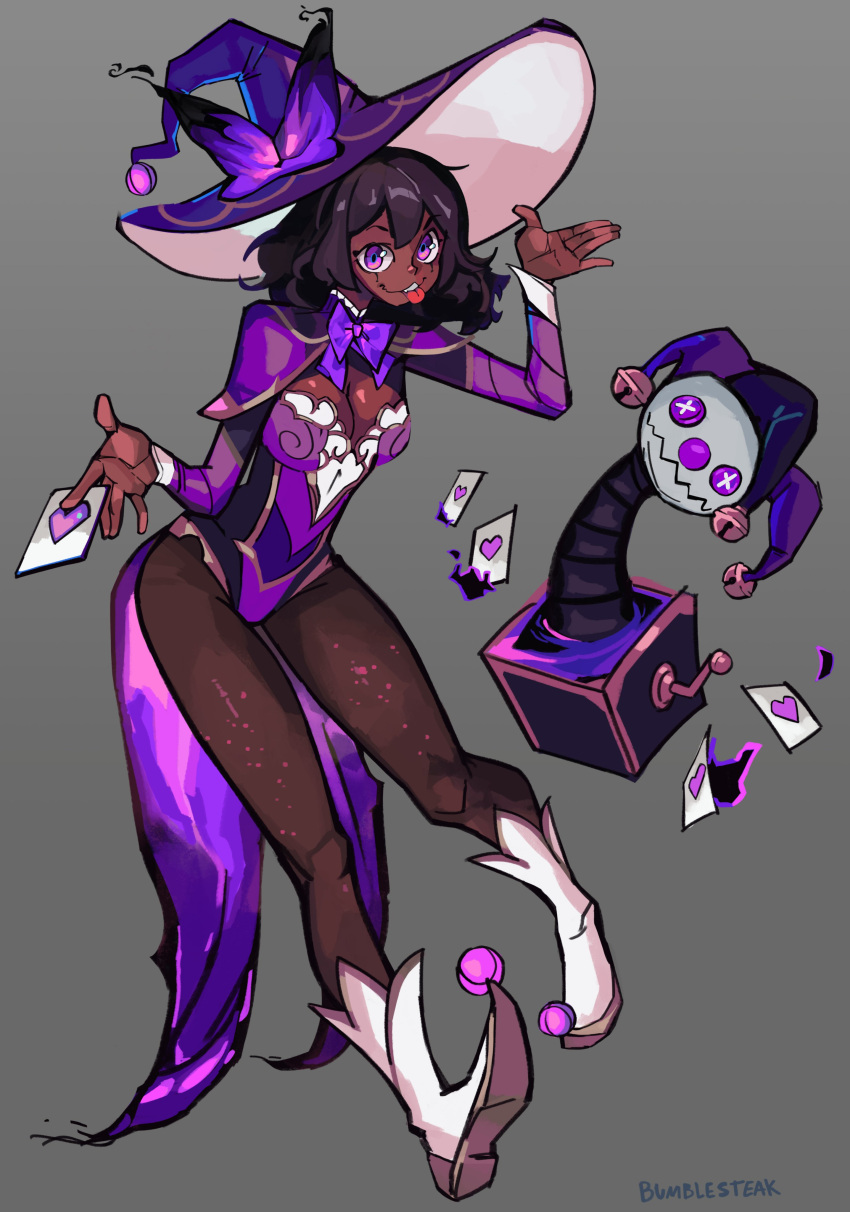 1girl absurdres artist_name bad_link black_hair blush breasts bumblesteak card dark-skinned_female dark_skin english_commentary english_text hat highres jack-in-the-box looking_at_viewer necromancer nose original palms tongue tongue_out violet_eyes witch_hat