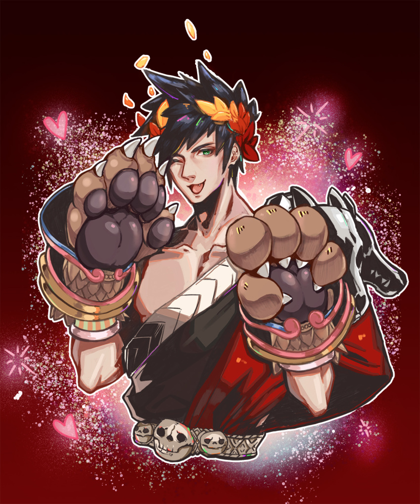 1boy animal_hands bare_pectorals belt black_hair claws collarbone cropped_torso fang green_eyes hades_(series) hades_1 heart highres laurel_crown looking_at_viewer male_focus moyun off_shoulder one_eye_closed open_mouth pectorals red_background red_sash sash short_hair solo toned toned_male zagreus_(hades)