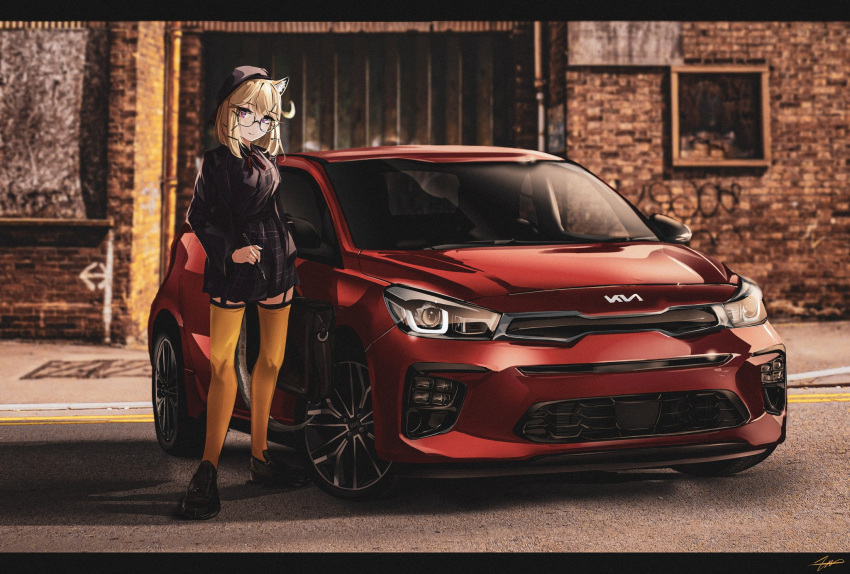 1girl animal_ear_fluff animal_ears arknights beret black_footwear black_headwear blonde_hair car cat_ears commission garter_straps glasses hat head_tilt highres holding holding_stylus kia_(company) letterboxed looking_at_viewer looking_to_the_side medium_hair motor_vehicle nougat_(73r1r1) official_alternate_costume orange_thighhighs outdoors shadow signature solo stylus thigh-highs utage_(arknights) utage_(disguise)_(arknights) vehicle_focus vehicle_request violet_eyes