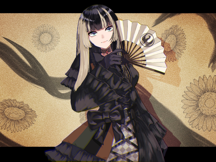 1girl black_bow black_choker black_dress black_eyeliner black_gloves black_hair blue_eyes blunt_bangs bow choker commentary_request cross-laced_clothes cross-laced_dress dress dress_bow eyelashes eyeliner flower frills gloves gothic_lolita grey_hair hand_fan highres holding holding_fan hololive hololive_dev_is juufuutei_raden lace lace-trimmed_choker lace_choker lace_trim little_ecy lolita_fashion long_hair looking_at_viewer makeup multicolored_hair red_brooch sidelocks smile solo streaked_hair tsuitate two-tone_hair virtual_youtuber