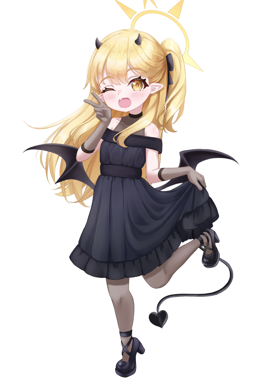 1girl absurdres black_dress black_footwear black_horns black_pantyhose black_tail black_wings blonde_hair blue_archive blush commentary demon_horns demon_tail demon_wings dress fang halo high_heels highres horns ibuki_(blue_archive) ibuki_(dress)_(blue_archive) kuma_piv long_hair official_alternate_costume one_eye_closed open_mouth pantyhose pointy_ears side_ponytail simple_background smile solo tail white_background wings yellow_eyes yellow_halo
