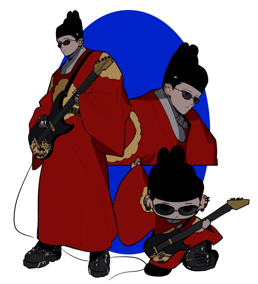 1boy arm_up black-framed_eyewear black_choker black_eyes black_footwear blue_background boots choker closed_mouth deformed ear_chain ear_piercing earrings electric_guitar guitar hanbok hand_up hands_up highres holding holding_guitar holding_instrument holding_plectrum ikseongwan instrument jewelry korean_clothes korean_commentary long_sleeves looking_at_object looking_at_viewer looking_to_the_side male_focus multiple_views music original piercing playing_guitar playing_instrument plectrum sasi_mozzi1 simple_background spiked_boots sunglasses wide_sleeves