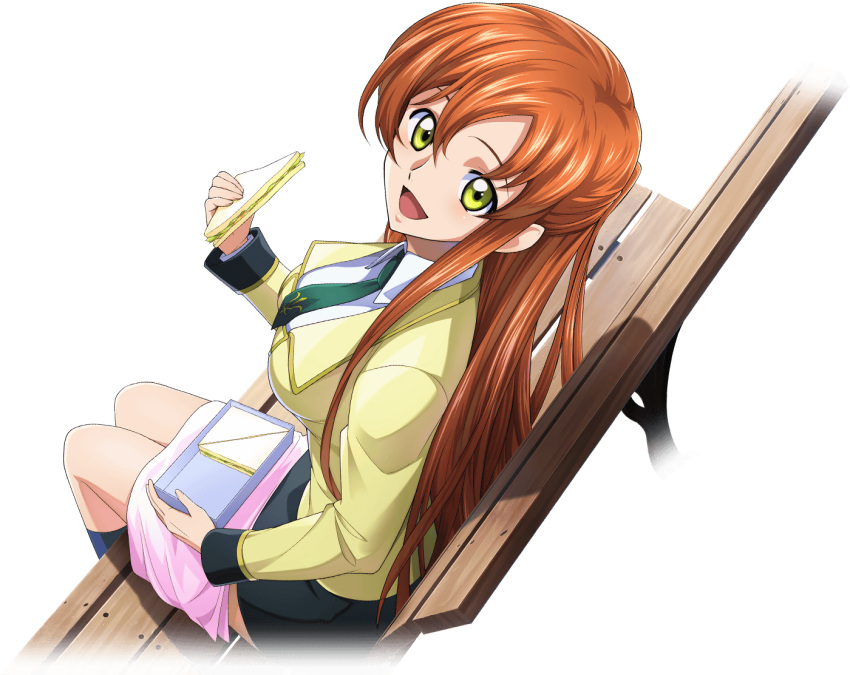 1girl artist_request black_skirt blue_socks breasts cloth code_geass code_geass:_lost_stories collared_shirt dutch_angle food from_above from_side game_cg green_necktie hair_between_eyes hand_up happy holding holding_food holding_sandwich jacket kneehighs layered_sleeves long_hair long_sleeves looking_at_viewer lunchbox medium_breasts miniskirt necktie non-web_source official_art on_bench open_mouth orange_hair pencil_skirt sandwich school_uniform shirley_fenette shirt sidelocks sitting skirt smile socks solo transparent_background white_shirt yellow_eyes yellow_jacket